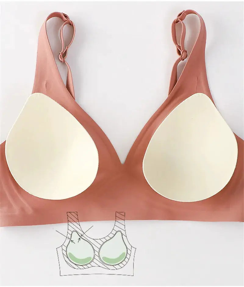 FINETOO soft wireless bra with deep V, peach body and beige padded cups, Simples Market