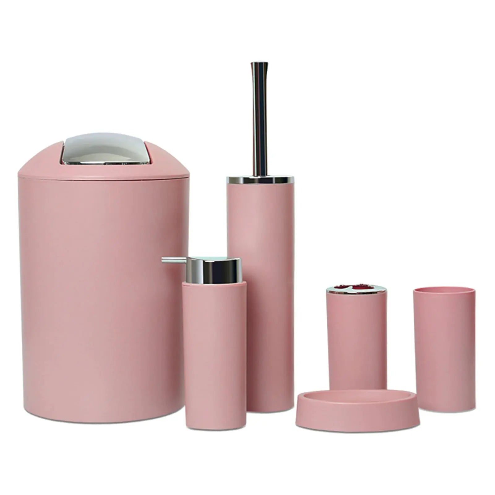 Simples Market 6-piece pink plastic bathroom accessories set with soap dish, toilet brush holder, brush and trash can.