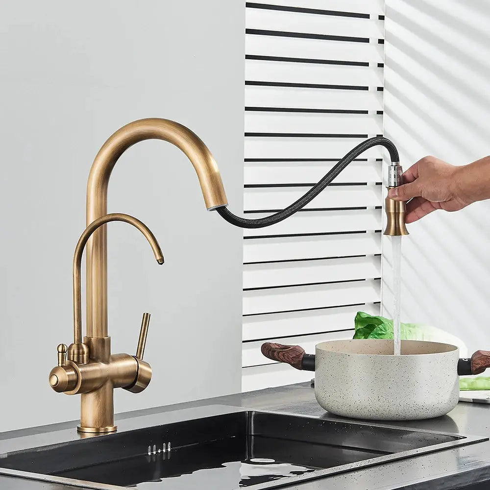 Rozin 2-in-1 antique brass pull-out kitchen faucet by Simples Market, dual-spray swivel mixer