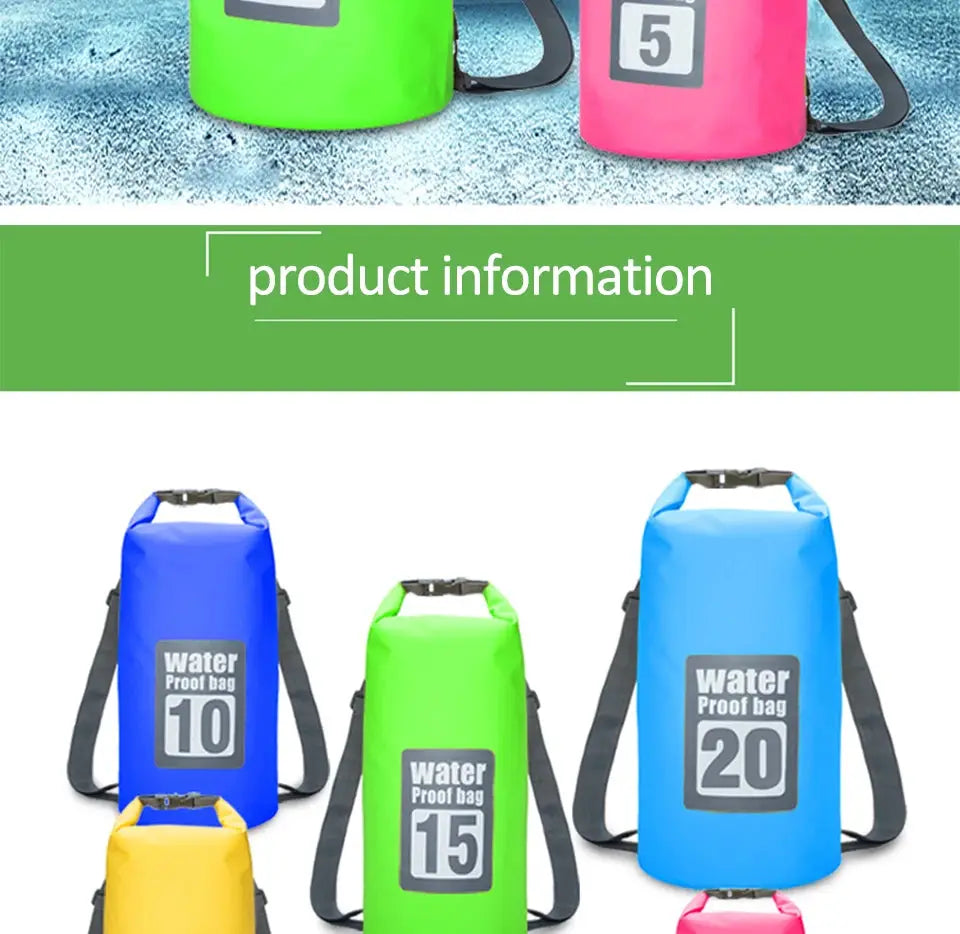 PVC waterproof dry bag set of five by Simples Market with double shoulder straps in assorted colors (10L, 15L, 20L)