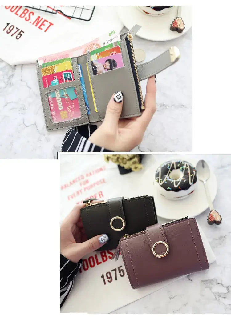 Women's zip wallet card holder in gray PU leather; also shown black and burgundy versions with gold rings.