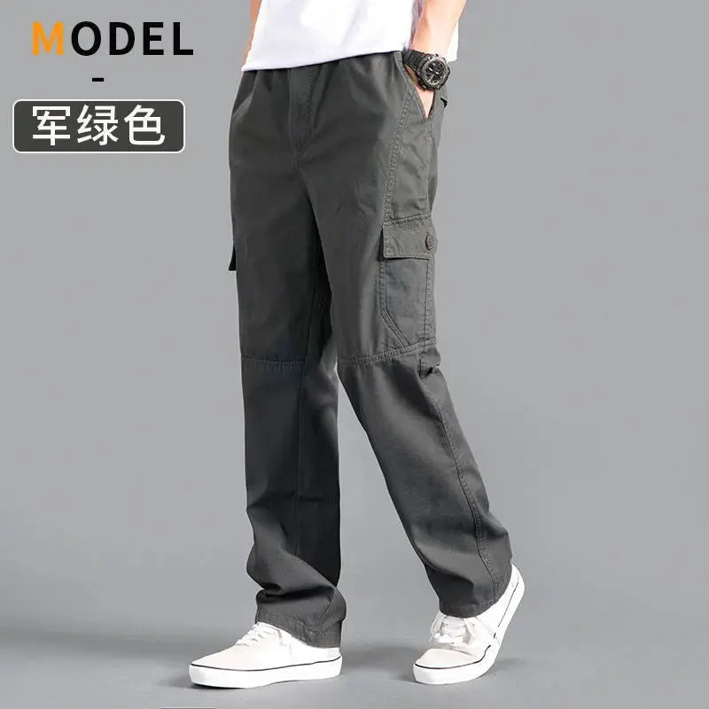 Men's cargo pants in dark gray cotton with multiple cargo pockets for workwear