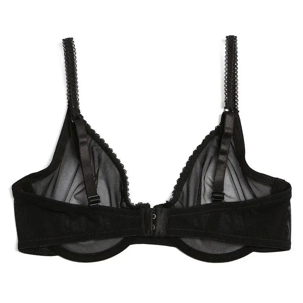 Simples Market YBCG black lace mesh see-through bra with scalloped trim and adjustable straps