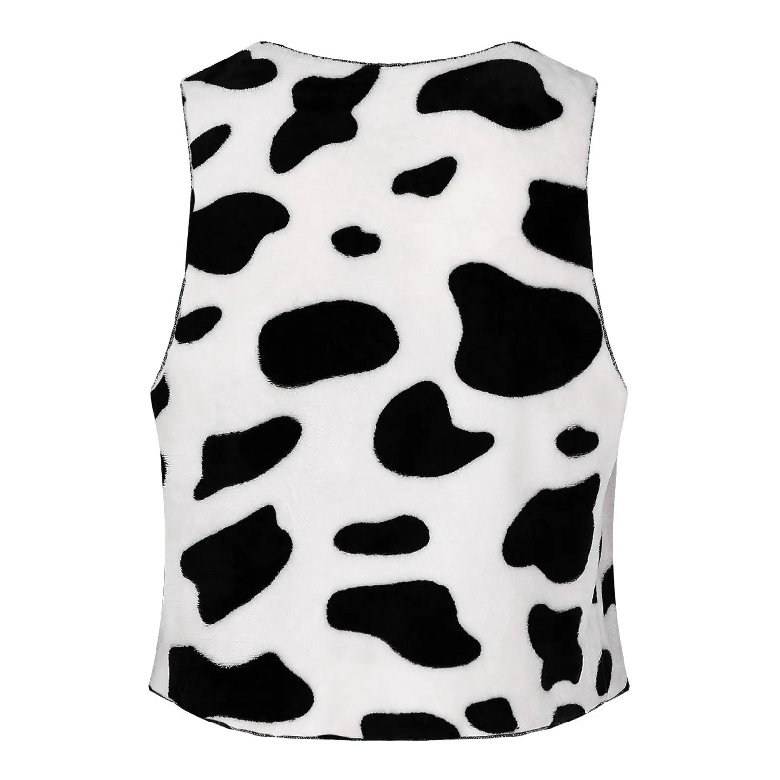 Men's cow-print flannel vest, sleeveless open-front waistcoat.