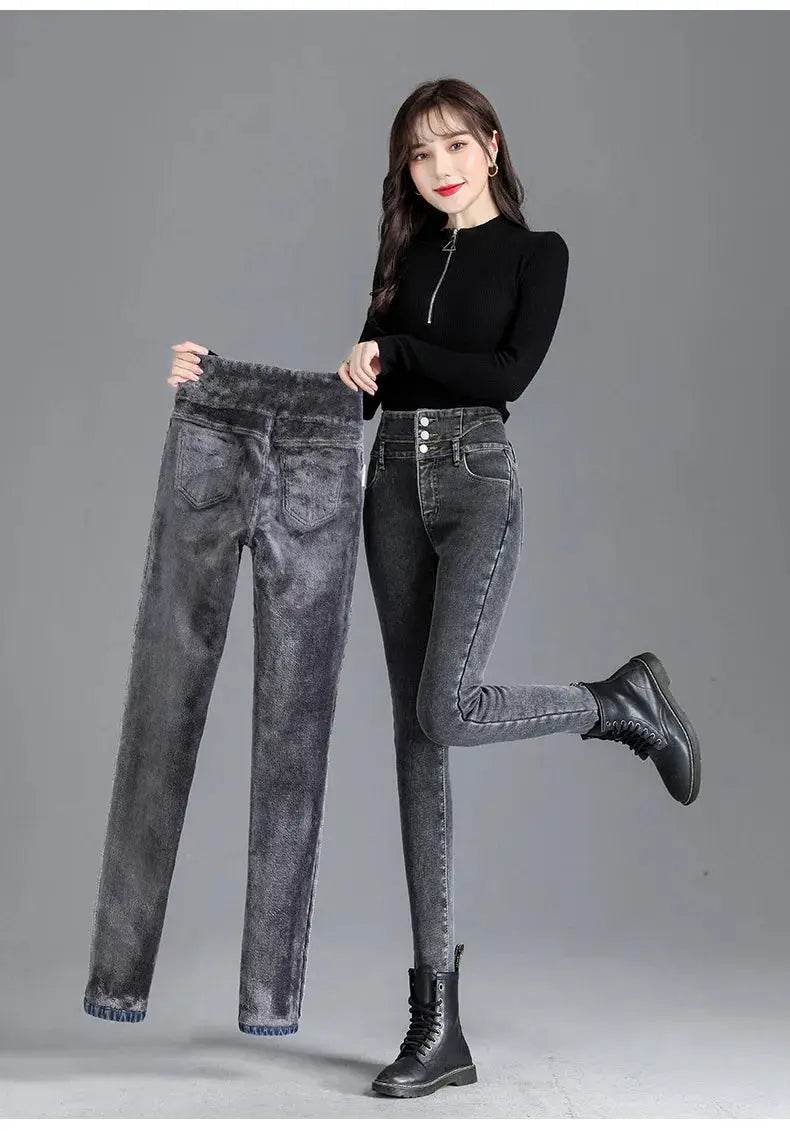 Thermal Winter Thick Fleece High Waist Stretch Skinny Jeans For Women