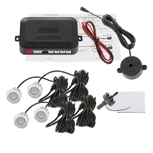 Hippcron 4-sensor car parking kit by Simples Market with black control unit and four round sensors.