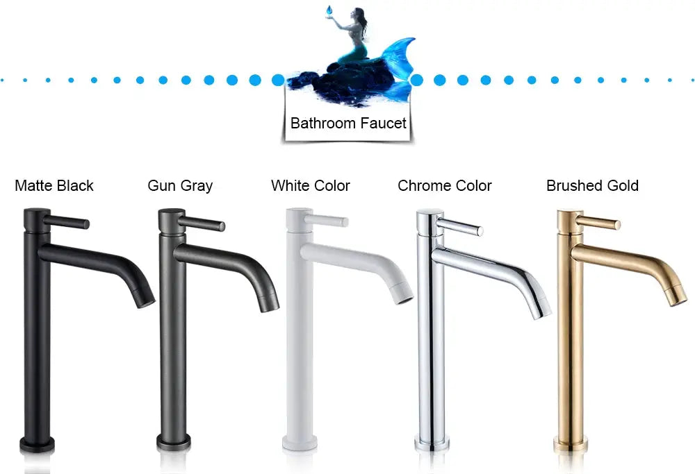 Bathroom basin faucet lineup in matte black, gun gray, white, chrome and brushed gold finishes by Simples Market; five finishes.