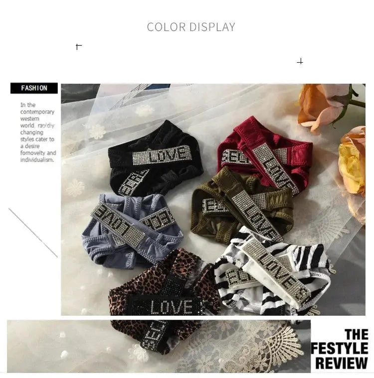 Low waist rhinestone thong panties, 8-piece set in assorted colors with LOVE rhinestone waistband