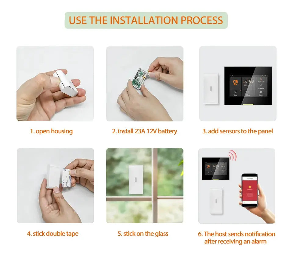 Staniot wireless vibration glass-break sensor by Simples Market, white indoor unit with installation steps.