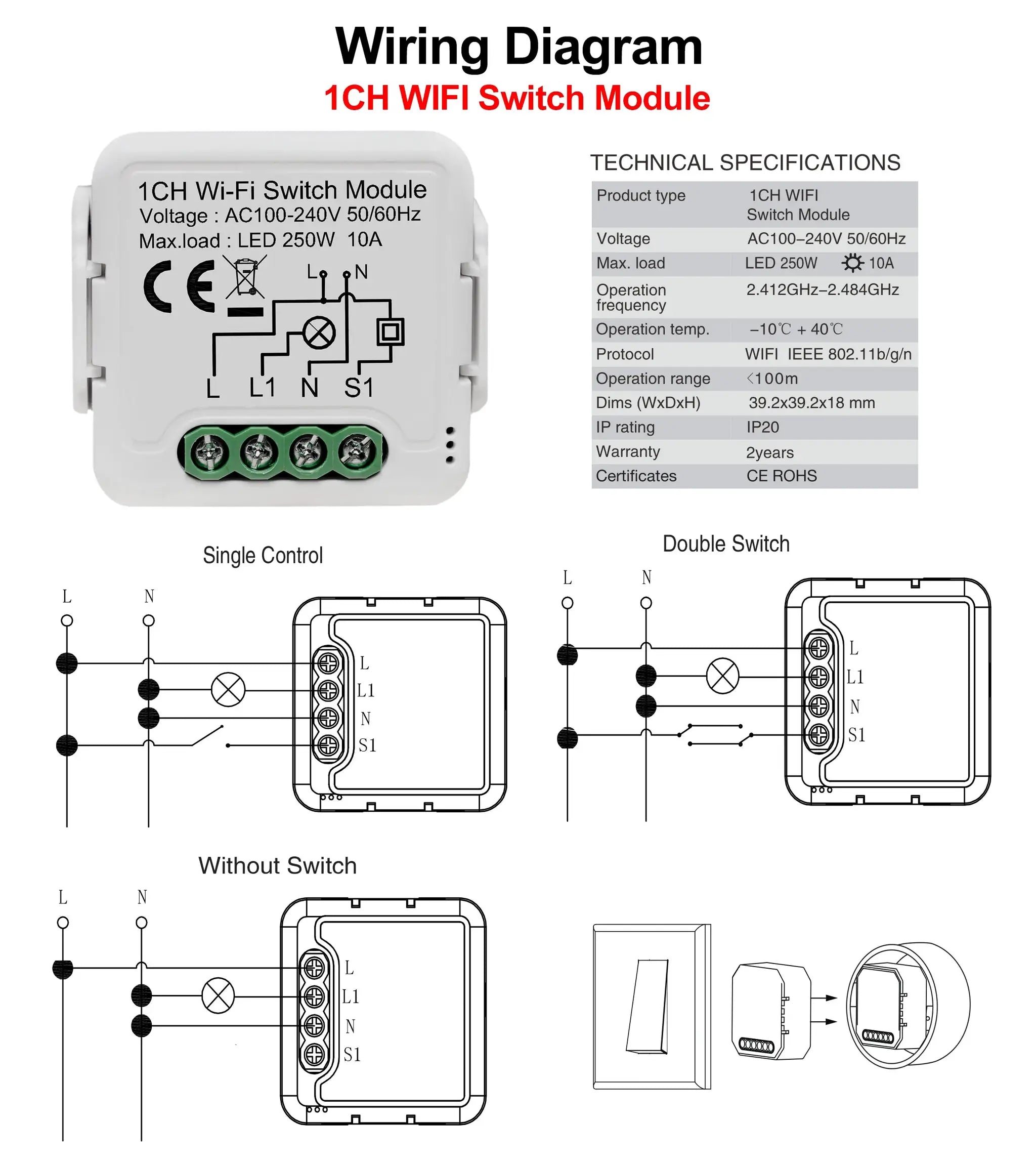 Tuya 1CH WiFi switch module with green terminal block for DIY smart lighting control