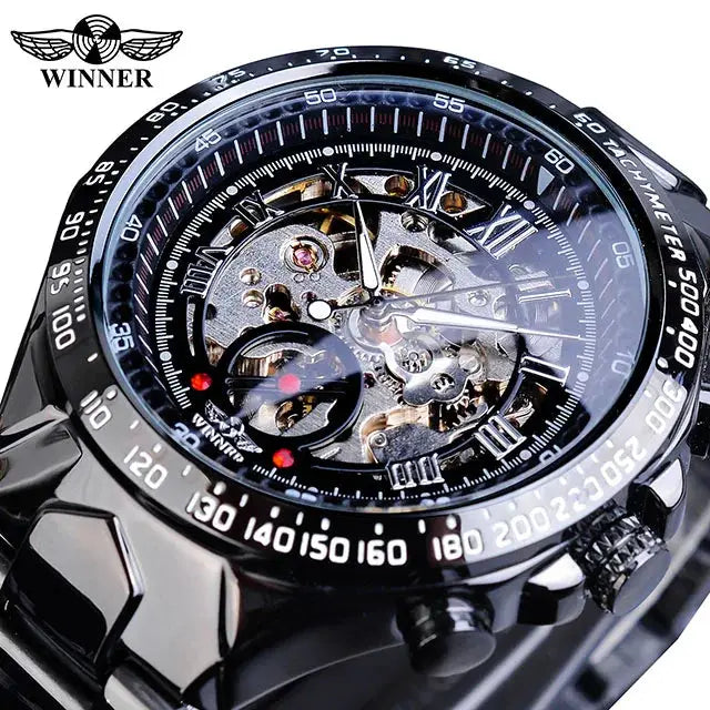 Winner mechanical skeleton watch with black bezel and stainless steel bracelet, automatic movement.