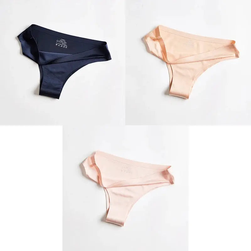 Women's seamless thong panties three-pack in navy and peach ice-silk fabric by Simples Market.