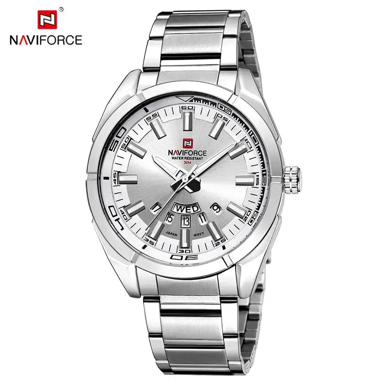 NAVIFORCE men's stainless steel watch with silver dial, date window, water resistant 30m