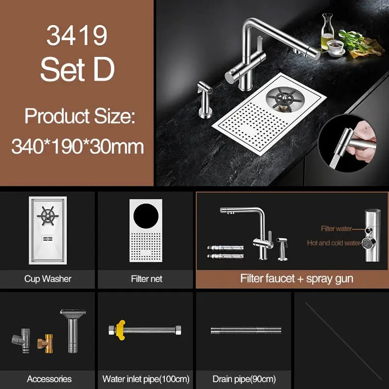 Cup Washer Bar Sink kit by Simples Market in brushed 304 stainless, 340x190x30mm with faucet