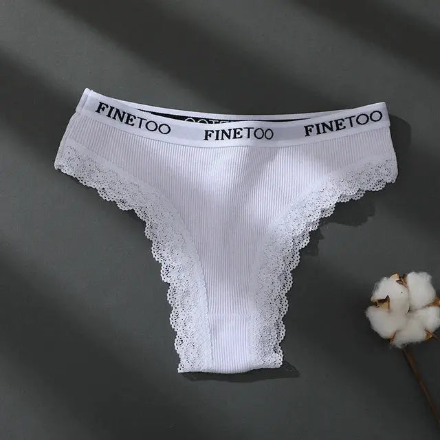 White cotton lace panties with ribbed fabric and scalloped lace trim, FINETOO waistband, women's underpants