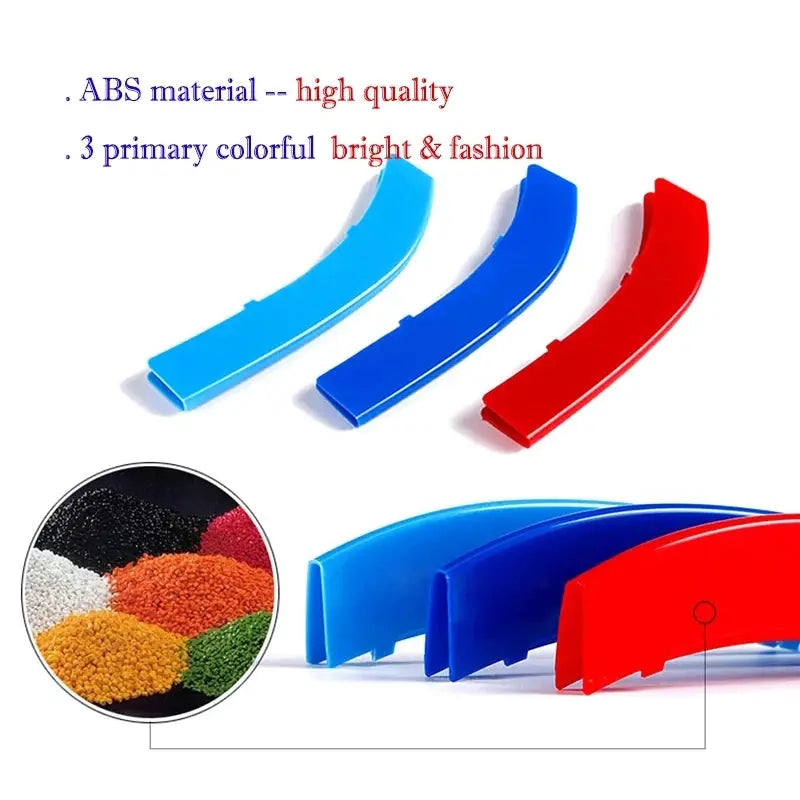Simples Market 3Pcs BMW front grille trim strips in blue, light blue and red ABS plastic.