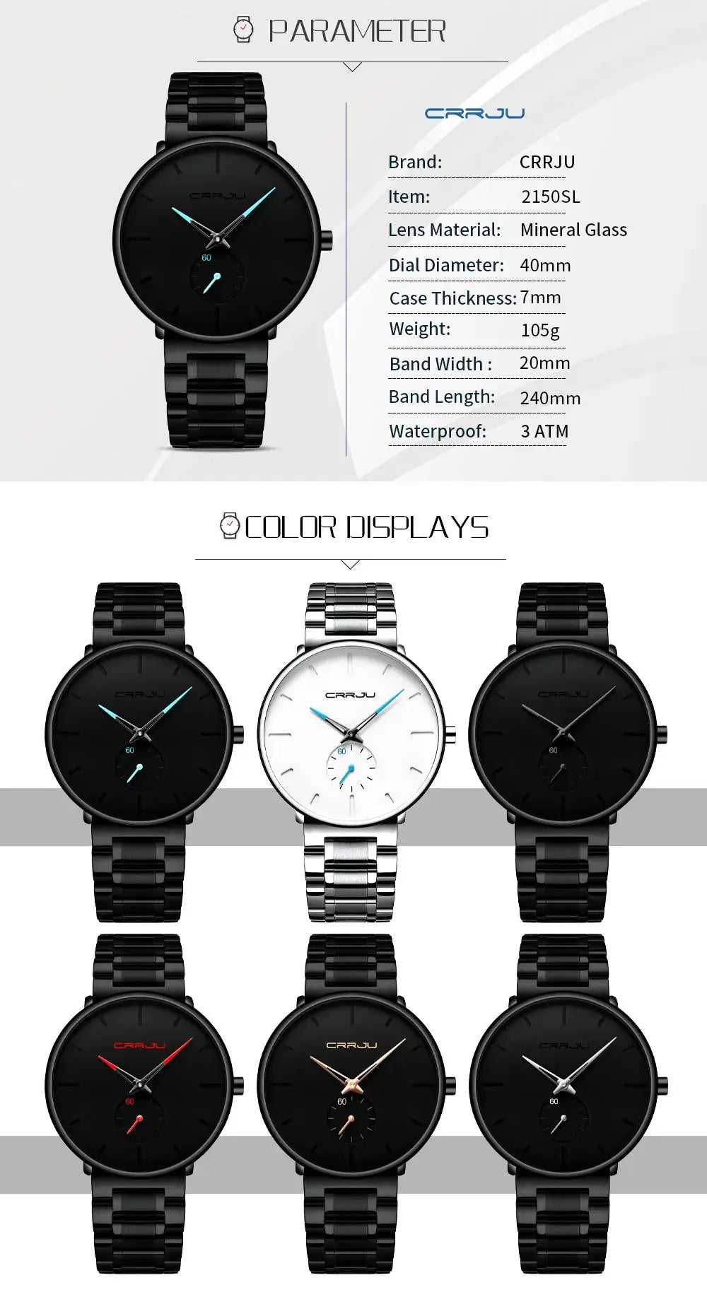 CRRJU stainless steel men's wristwatch in black with blue hands; 3 ATM waterproof, Simples Market, 9 color variants