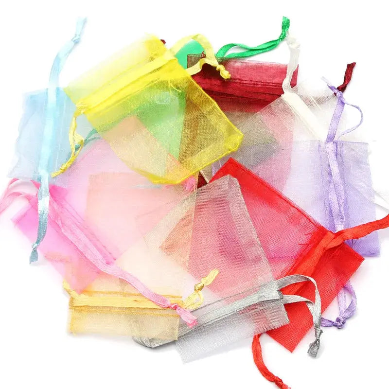 50 Pieces Drawstring Organza Gift Bags For Jewelry Packaging Wedding Party Four Sizes 7x9 Cm 9x12 Cm 10x15 Cm 13x18 Cm