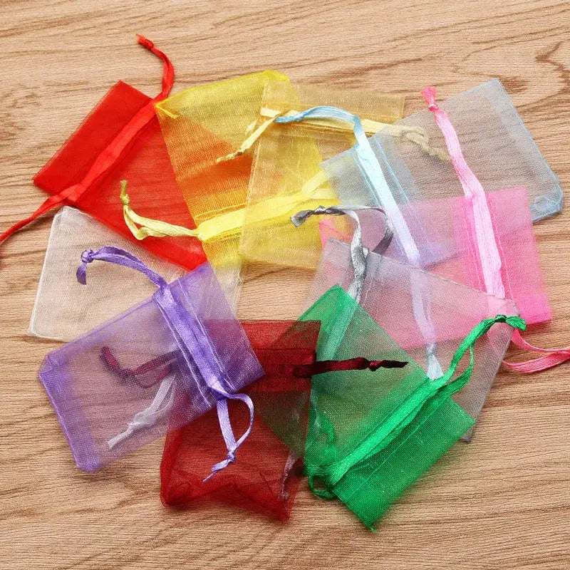 50 Pieces Drawstring Organza Gift Bags For Jewelry Packaging Wedding Party Four Sizes 7x9 Cm 9x12 Cm 10x15 Cm 13x18 Cm
