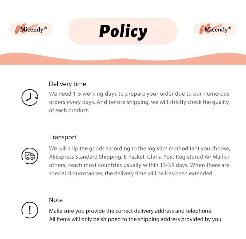 Policy page UI with Micendy logos, pink Policy banner, and icons for Delivery time, Transport, and Note