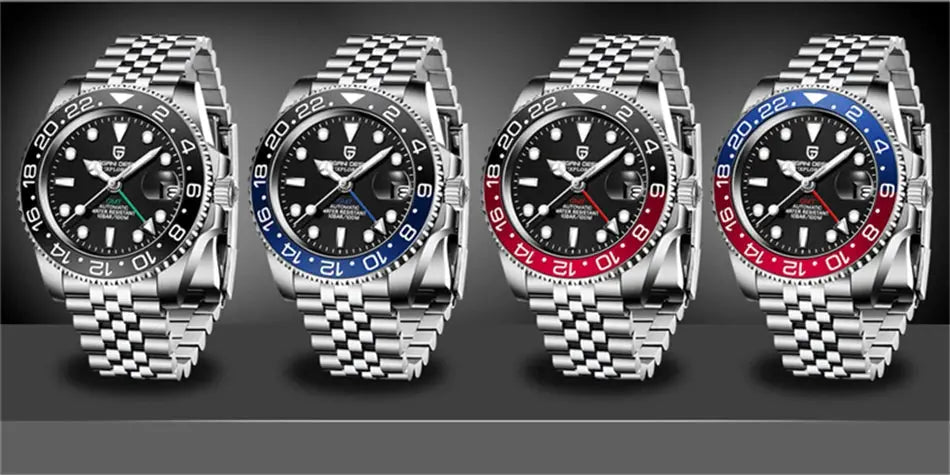 Pagani Design men's luxury mechanical GMT watches in stainless steel, set of 4 with sapphire glass and assorted bezels