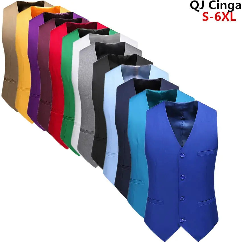 Men's slim-fit V-neck vest waistcoat in royal blue among an assortment of colorful dress vests
