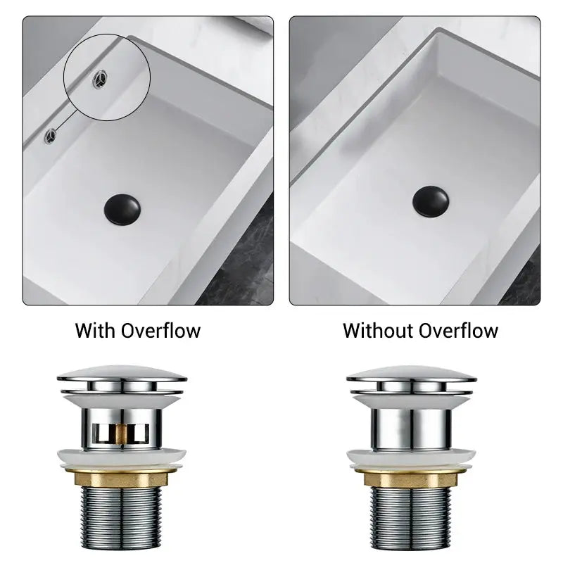 Simples Market Bagnolux vessel sink pop-up drain with overflow or without, chrome finish, 2 assemblies shown