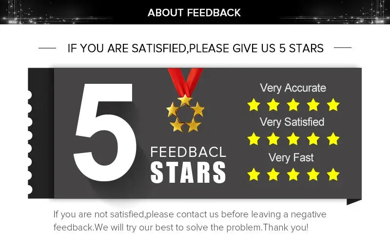 Feedback banner with a large 5-star graphic, rating labels and a customer service note.