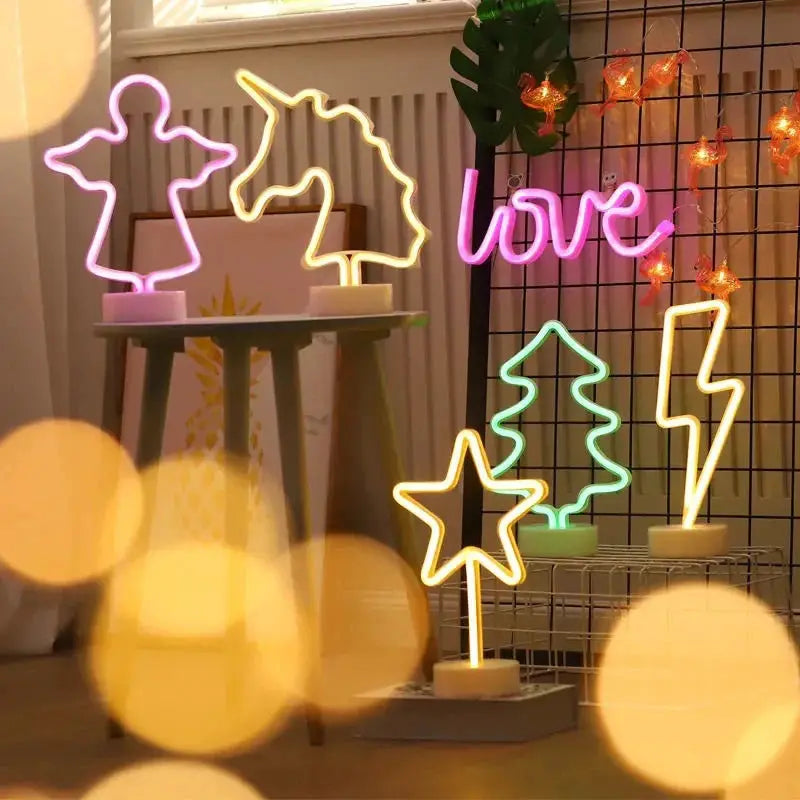 Neon LED sign set with unicorn, flamingo, moon, star and love shapes in pink/yellow/green; USB-powered kid room decor.
