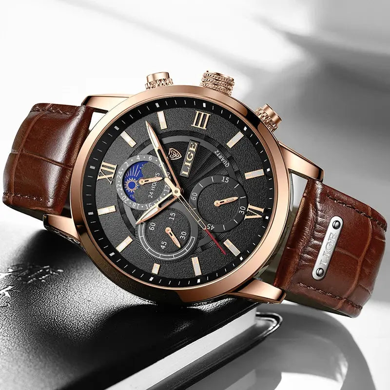 LIGE men's luxury quartz watch with brown leather strap and rose-gold case, black dial with subdials