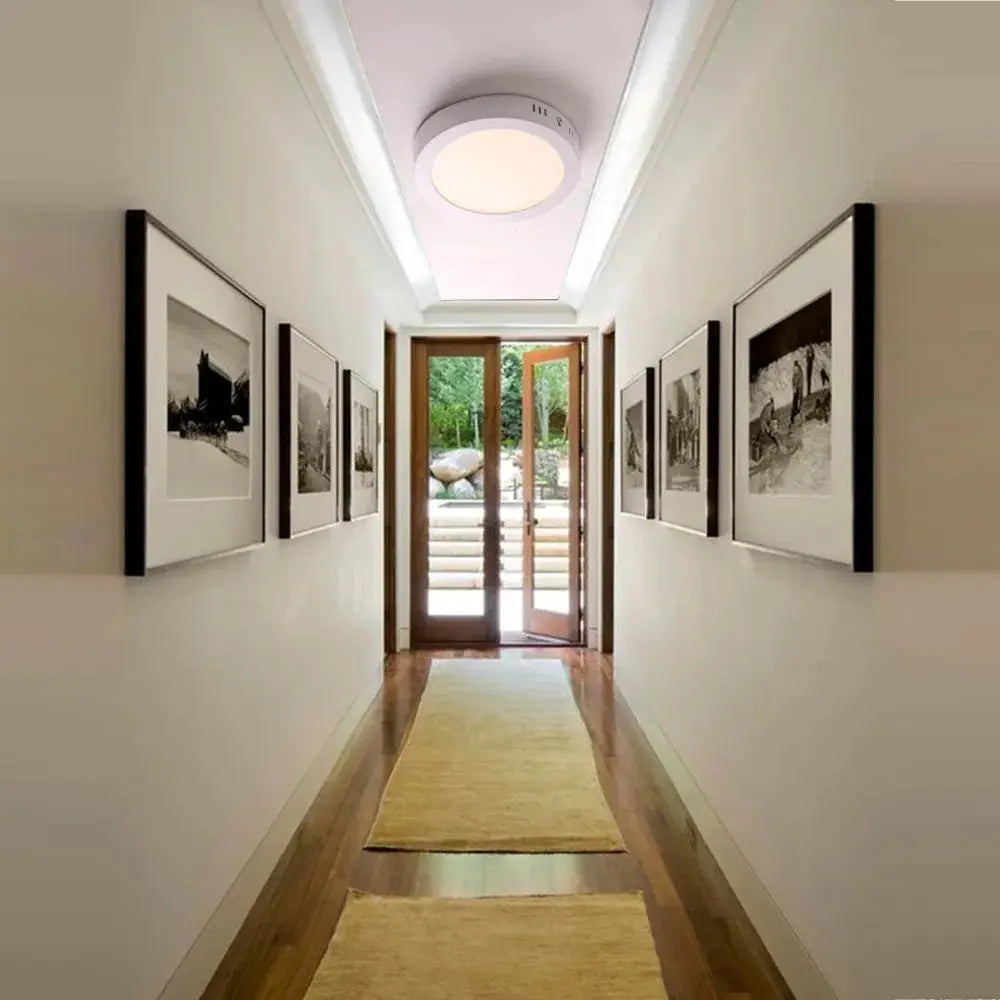 LED panel light, round white ceiling downlight mounted in a hallway.
