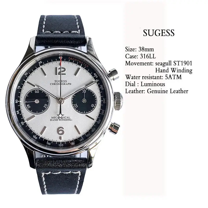 Sugess 1963 Pilot panda dial chronograph with stainless steel case, black subdials, tachymeter bezel, leather strap
