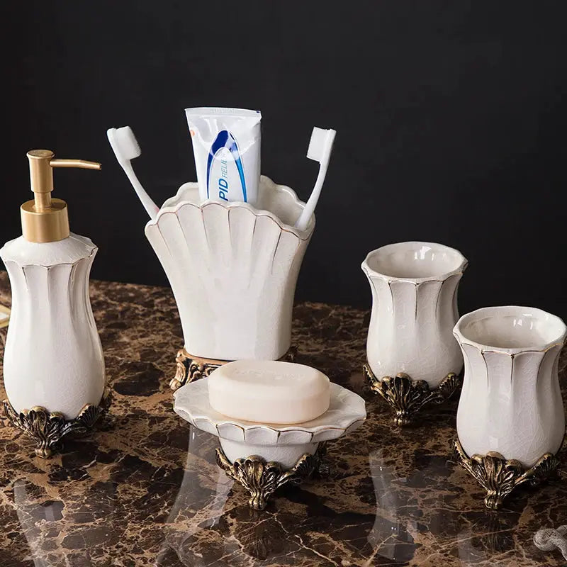 White ceramic European-style bathroom five-piece set with scalloped bases