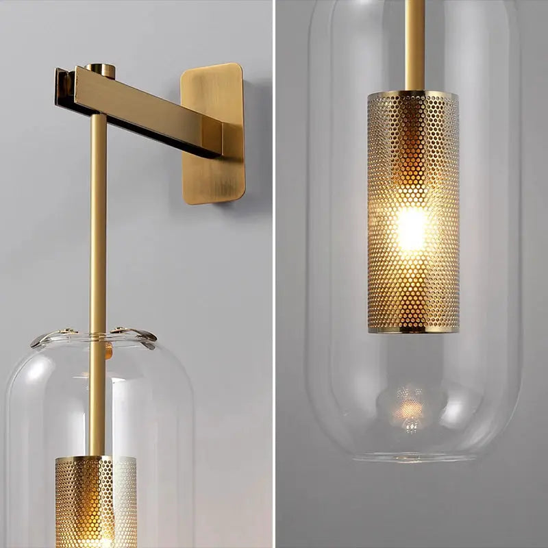Simples Market modern glass wall light sconce with gold brass finish, LED cylinder and clear glass shade