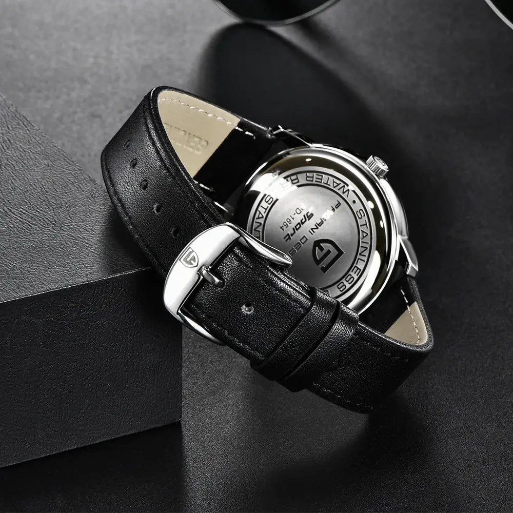 Pagani Design 1654 men's black leather strap stainless steel sport watch, water resistant quartz