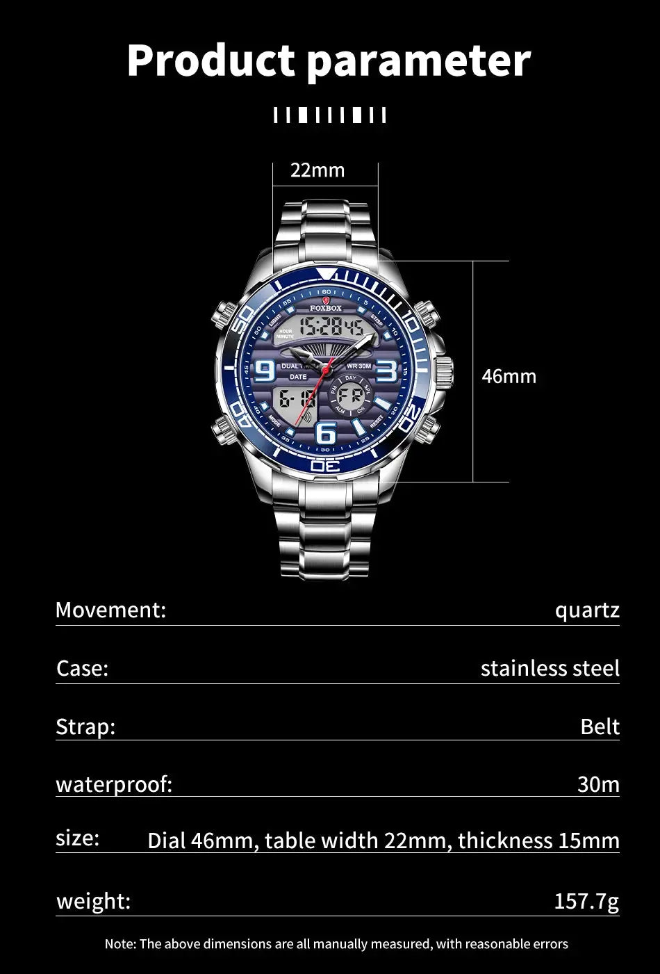 Foxbox digital men's watch with blue dial, stainless steel case and bracelet, quartz movement, 30m water resistant