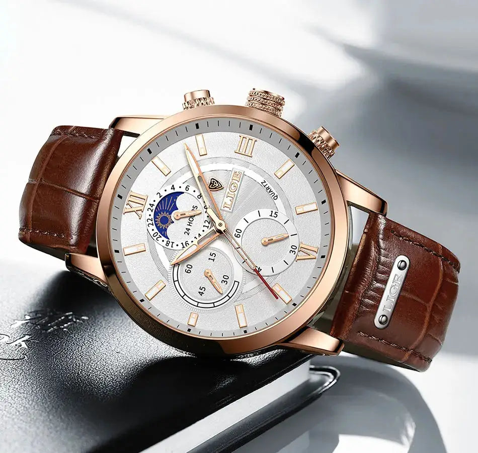 LIGE men's luxury watch with rose-gold case, brown leather strap, white dial and multiple subdials