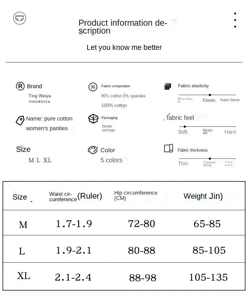 Cotton women's panties by Simples Market; 5 colors, sizes M–XL, fabric 95% cotton 5% spandex.