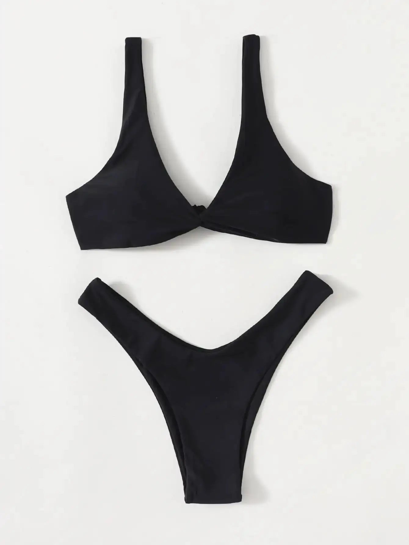 Two-piece black bikini set with padded twist-front top and high-leg bottoms