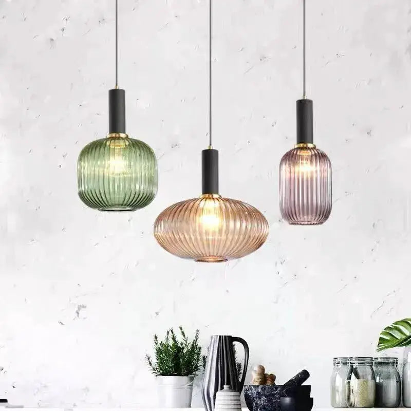 Retro glass pendant lights, set of 3 ribbed colorful lamps in green, peach and purple by Simples Market