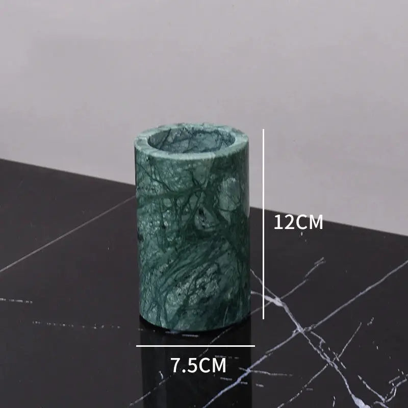 Green Indian marble toothbrush holder, cylindrical 12 cm tall and 7.5 cm diameter