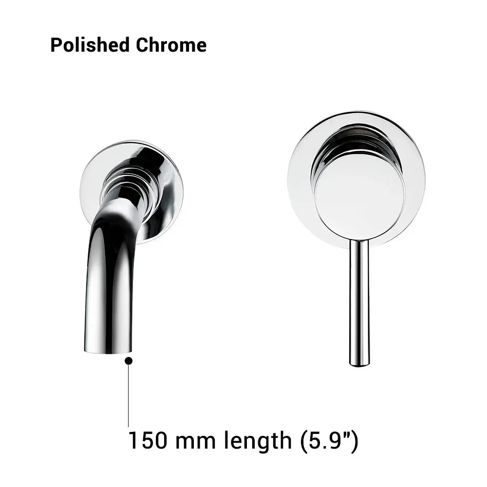 Bathroom basin faucet, polished chrome, wall-mounted with single lever, 150 mm spout length