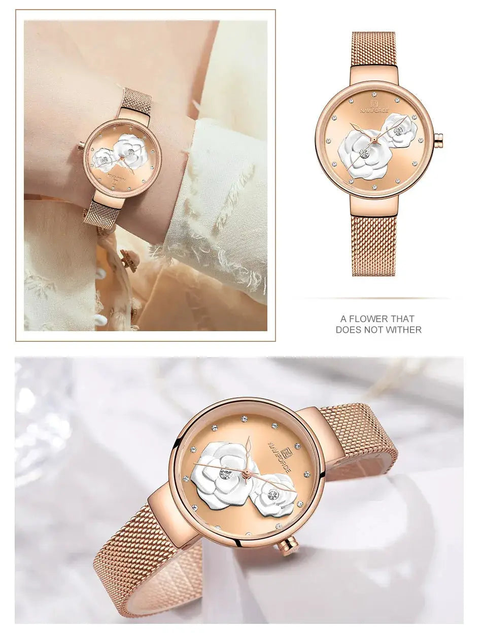NAVIFORCE women's rose-gold mesh steel watch with floral dial and crystal markers