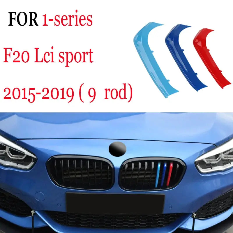 3Pcs front grille trim strips for BMW; M-style blue, light-blue and red accents; by Simples Market.