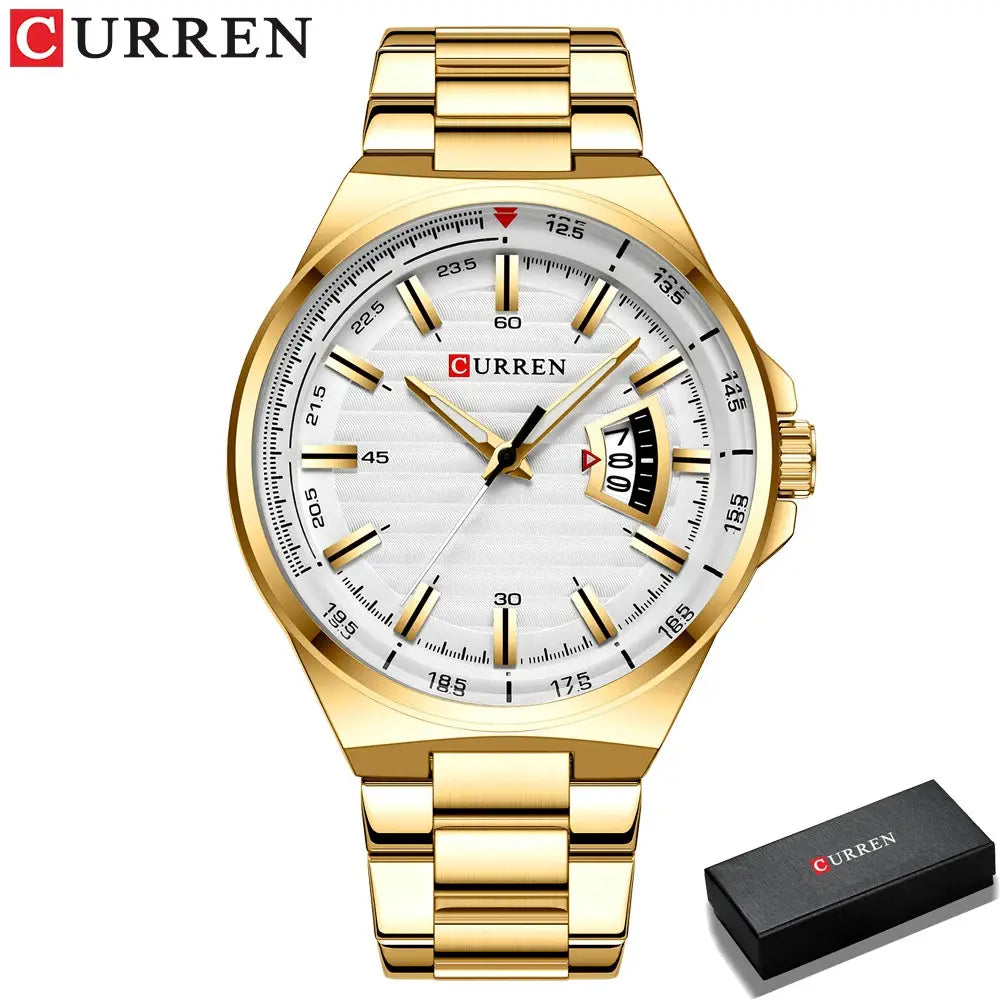 Curren gold-tone men's luxury watch with stainless steel band and white dial with date display, in box