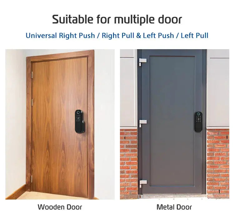 R5 PRO smart door lock for two doors; wooden and metal doors with a black keypad lock