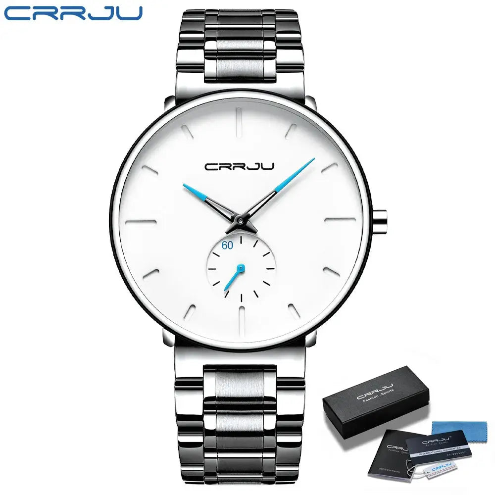 CRRJU men's stainless steel wristwatch with white dial and blue hands; box and accessories.
