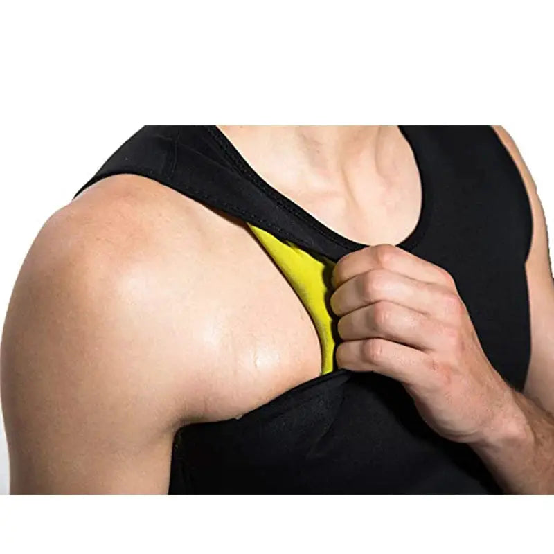 Men's waist trainer sauna vest by Simples Market, black outer with yellow inner panel