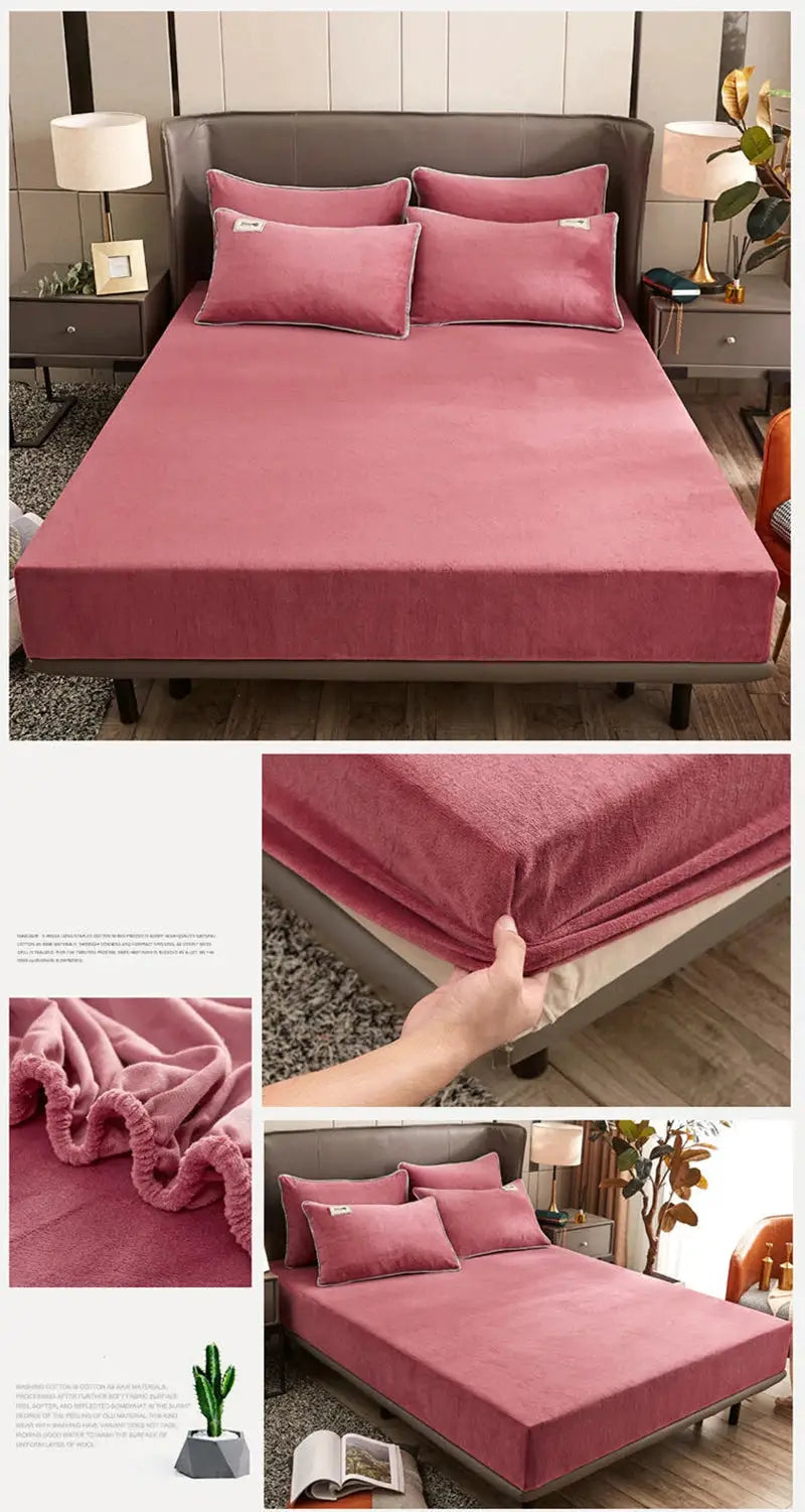 Plush pink velvet fitted sheet for double bed with elastic edges, Simples Market AISIRUI warm winter