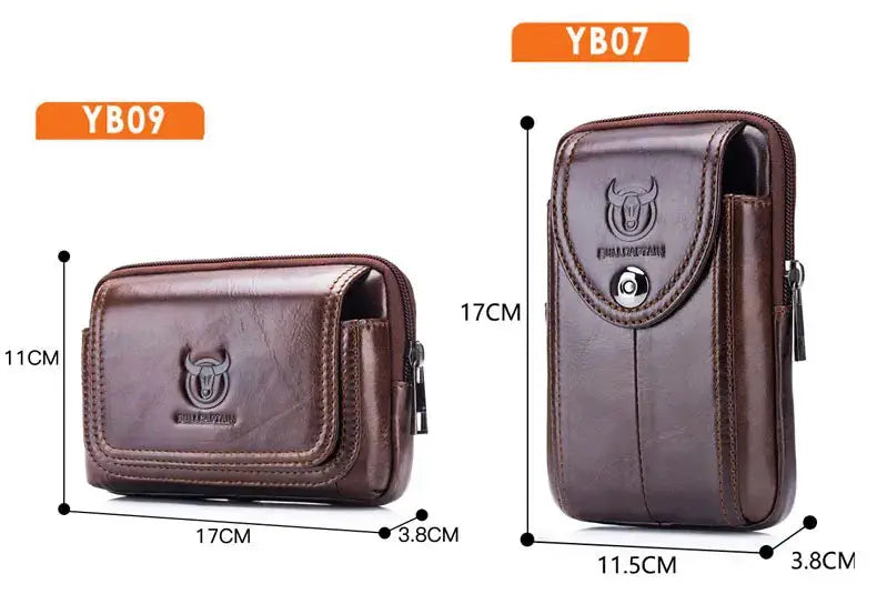 Two brown BULLCAPTAIN men's leather belt waist bags with embossed logo, compact fanny packs